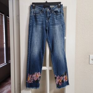 Aéropostale Floral Embroidered Ankle Straight Jeans Size 0 Medium Wash Y2K Inspo